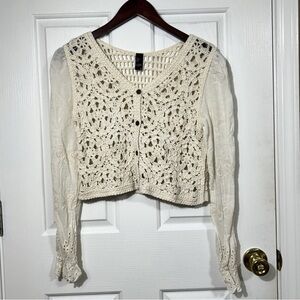 Cider Crochet Knit Cardigan Shrug Sweater Small Cottagecore Boho Ivory Cropped